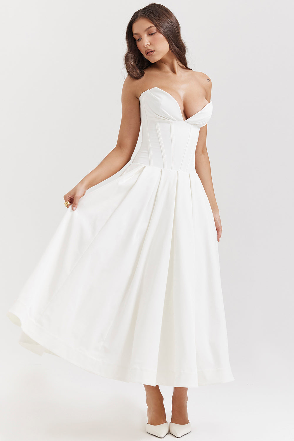 Robe midi femme – Sans bretelles – Coupe évasée – Corsage structuré élégant