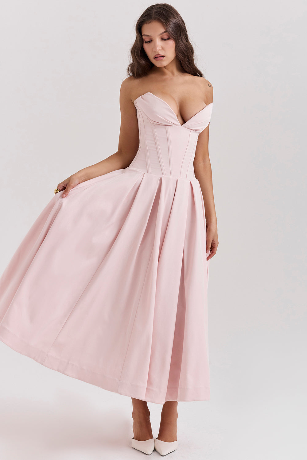 Robe midi femme – Sans bretelles – Coupe évasée – Corsage structuré élégant
