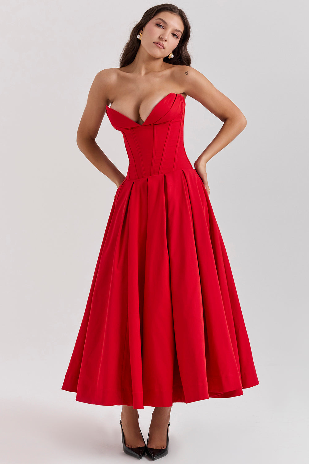 Robe midi femme – Sans bretelles – Coupe évasée – Corsage structuré élégant
