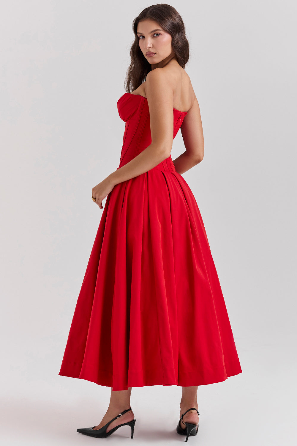 Robe midi femme – Sans bretelles – Coupe évasée – Corsage structuré élégant