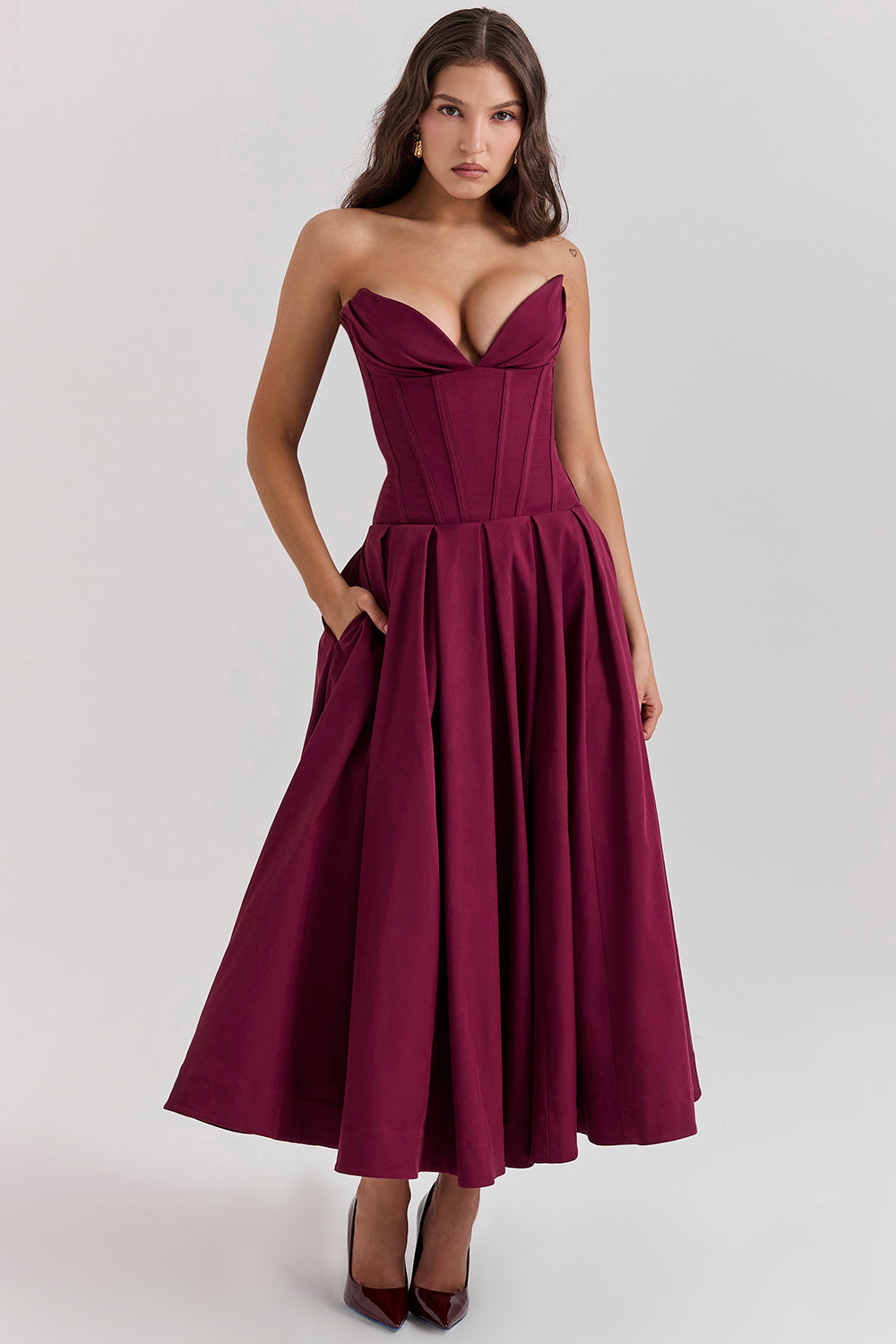 Robe midi femme – Sans bretelles – Coupe évasée – Corsage structuré élégant