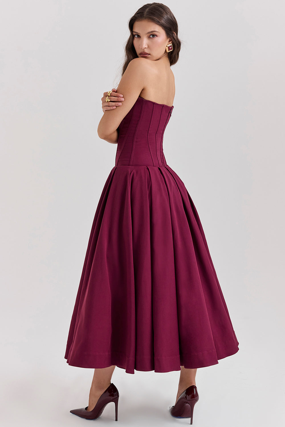 Robe midi femme – Sans bretelles – Coupe évasée – Corsage structuré élégant