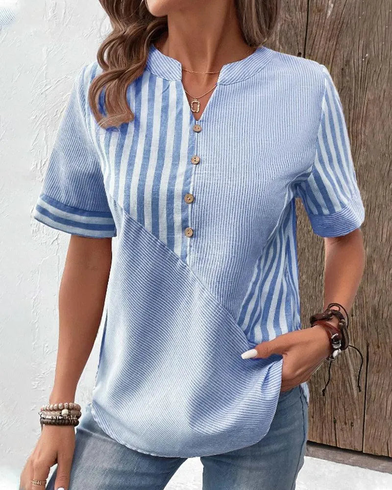 Blouse Femme - Coton Léger - Col Rond V Fendu - Manches Courtes - Style Décontracté