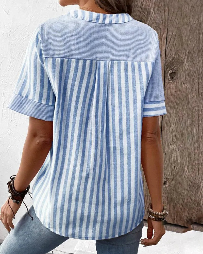 Blouse Femme - Coton Léger - Col Rond V Fendu - Manches Courtes - Style Décontracté