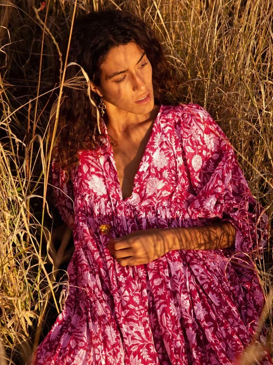 Robe Longue Femme - Fluide et Légère - Manches Bouffantes - Imprimé Fleuri Boho
