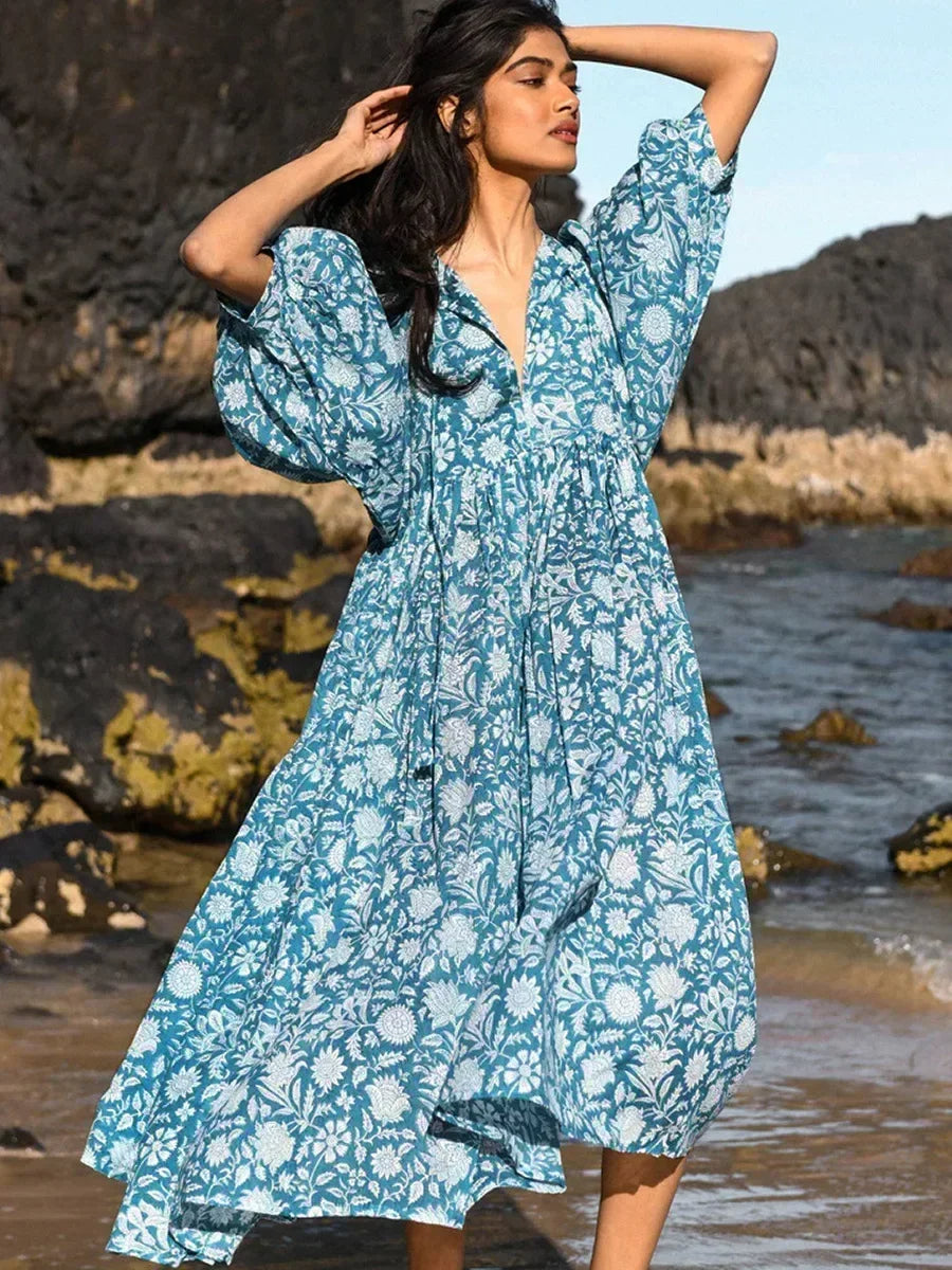 Robe Longue Femme - Fluide et Légère - Manches Bouffantes - Imprimé Fleuri Boho