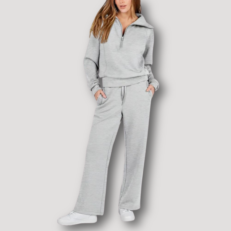 Ensemble Femme Lounge - Haut Manches Longues Demi-Zip - Pantalon Large Taille Élastique