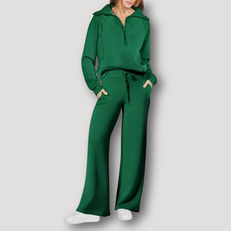 Ensemble Femme Lounge - Haut Manches Longues Demi-Zip - Pantalon Large Taille Élastique
