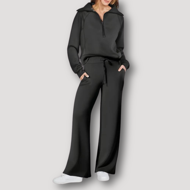 Ensemble Femme Lounge - Haut Manches Longues Demi-Zip - Pantalon Large Taille Élastique
