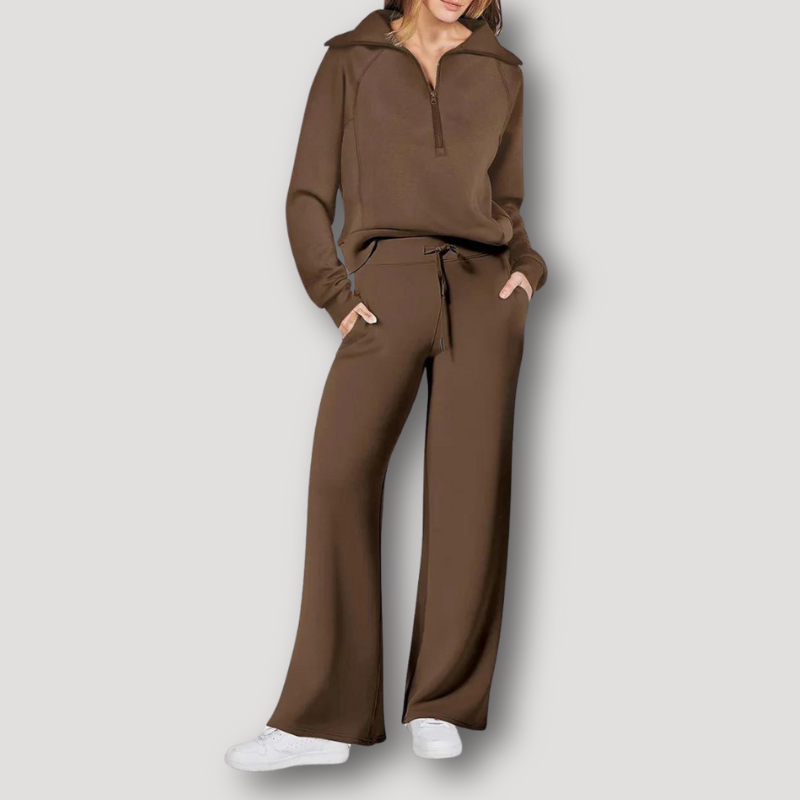 Ensemble Femme Lounge - Haut Manches Longues Demi-Zip - Pantalon Large Taille Élastique