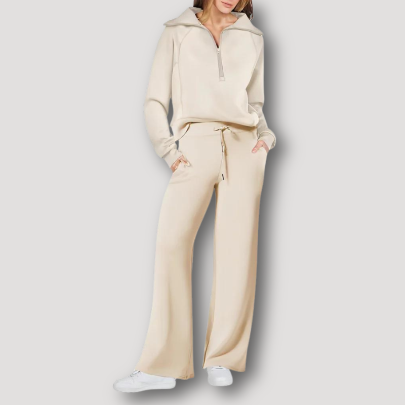 Ensemble Femme Lounge - Haut Manches Longues Demi-Zip - Pantalon Large Taille Élastique
