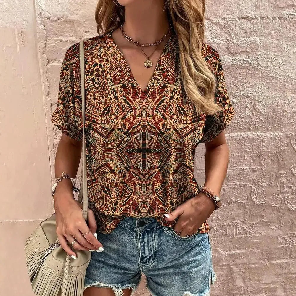 Blouse Femme - Manches Courtes - Col V - Motif Géométrique Bohème - Coupe Ample Légère