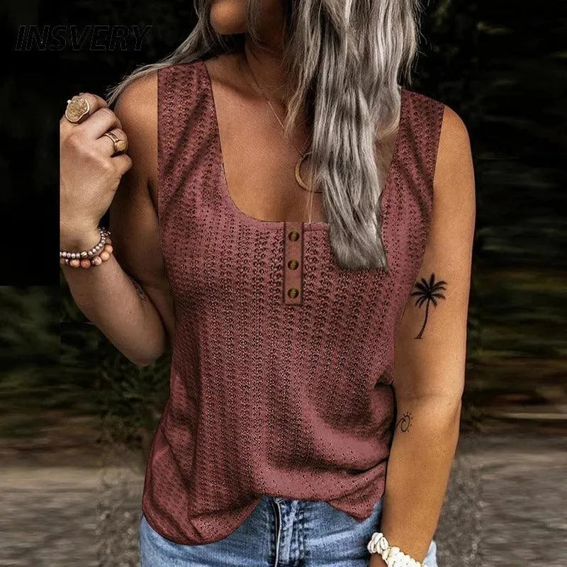 Top Femme Sans Manches - Col Rond - Boutons Décoratifs - Tissu Texturé Casual