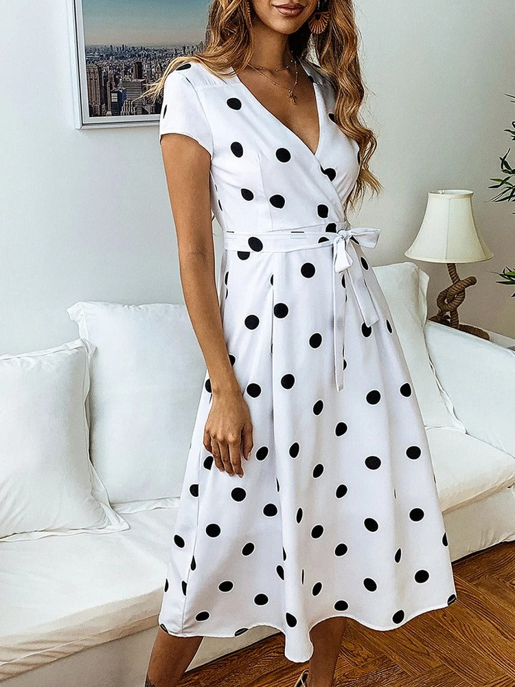 Robe portefeuille femme - Manches courtes - Motif à pois - Ceinture taille - Coupe midi