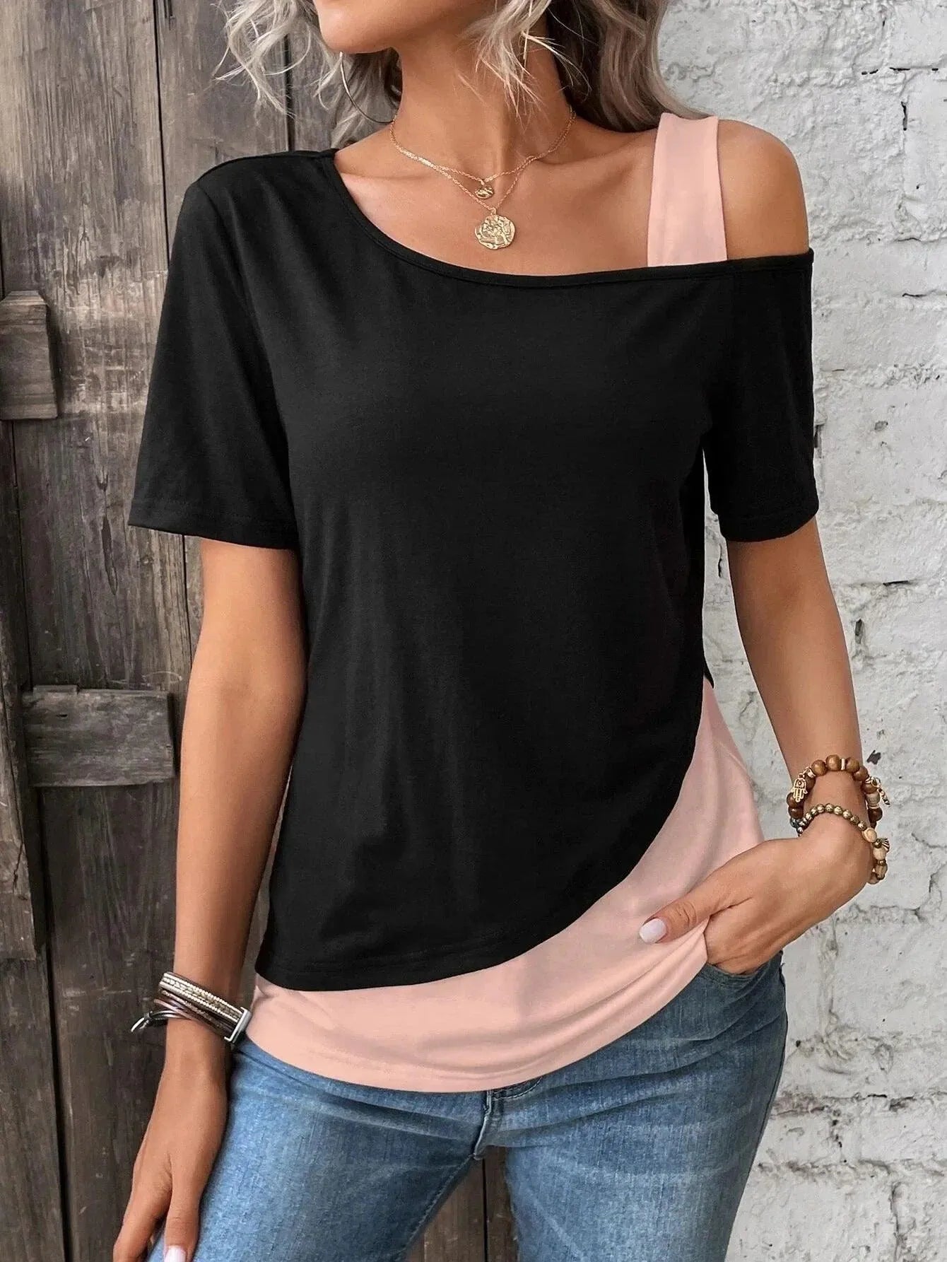 Top Femme - Coupe Asymétrique - Effet Superposé - Style Chic et Décontracté