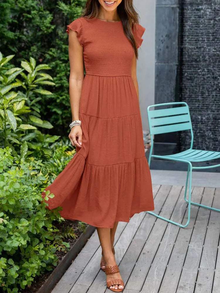 Robe Midi Femme - Corsage Smocké - Manches Courtes Volantées - Tissu Léger et Fluide