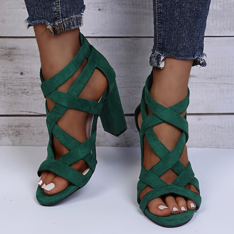 Sandales à Talons Femme – Tissu Luxe – Talon Bloc – Brides Croisées – Bout Ouvert