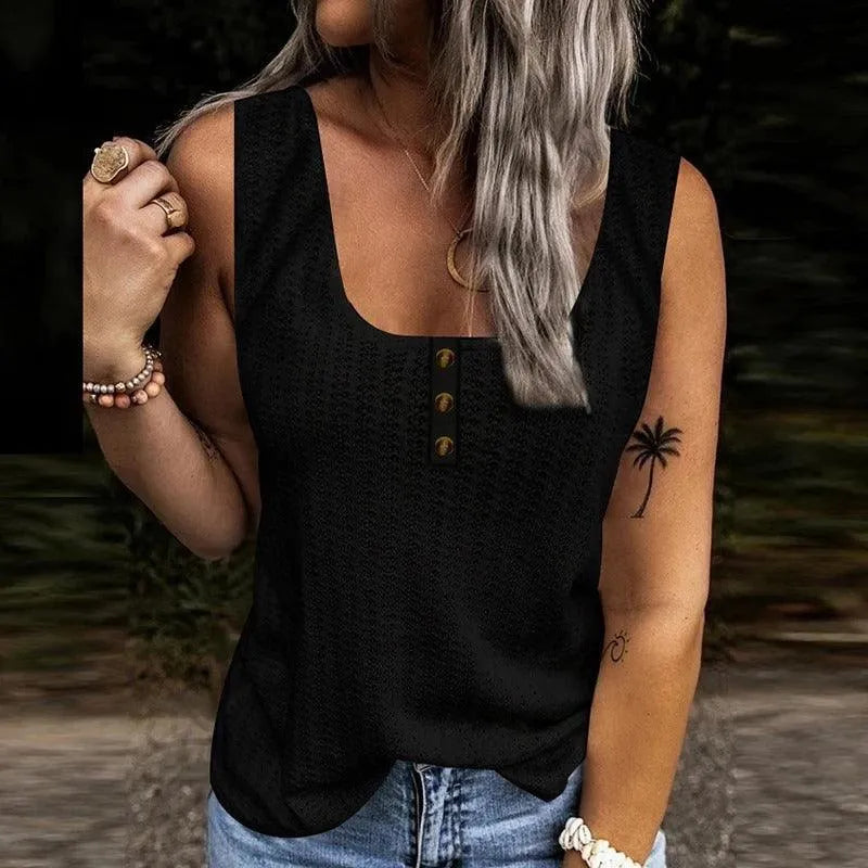 Top Femme Sans Manches - Col Rond - Boutons Décoratifs - Tissu Texturé Casual