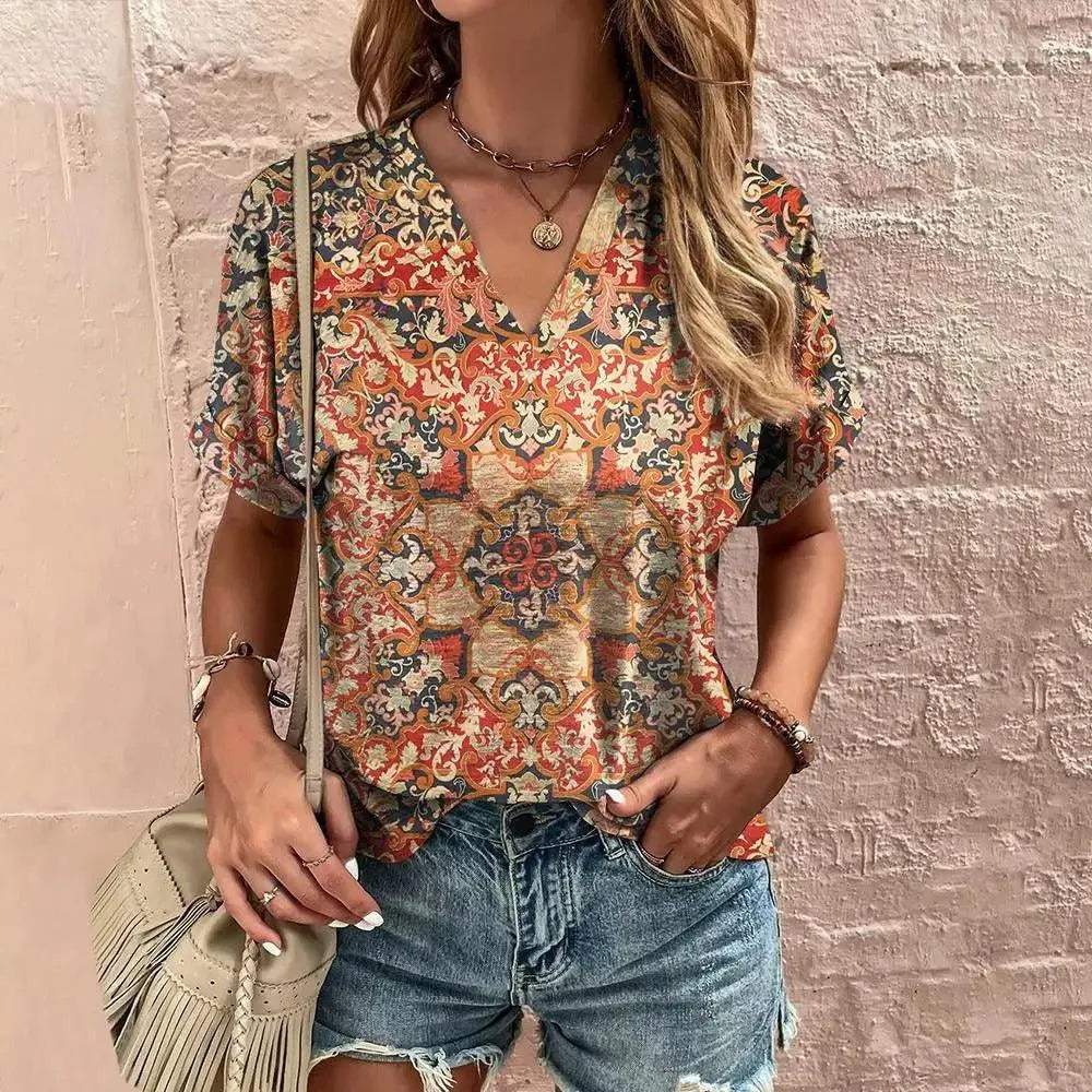 Blouse Femme - Manches Courtes - Col V - Motif Géométrique Bohème - Coupe Ample Légère
