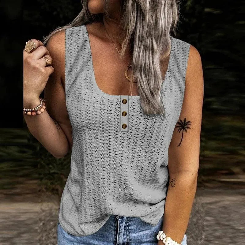 Top Femme Sans Manches - Col Rond - Boutons Décoratifs - Tissu Texturé Casual