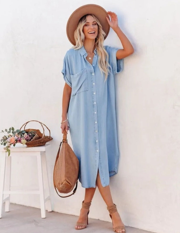 Robe chemise femme – Coupe décontractée – Manches courtes – Tissu respirant doux
