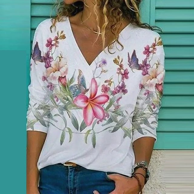 Blouse femme – Coupe ample – Tissu respirant – Encolure V – Imprimé floral abstrait