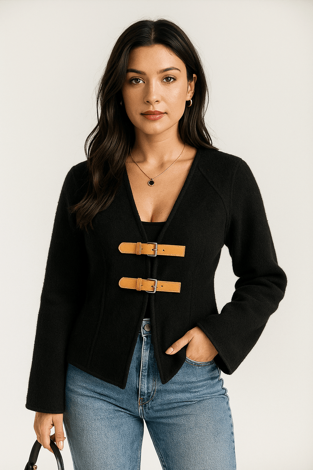 Veste blazer femme – Coupe cintrée – Encolure en V – Style laine – Fermeture à boucle
