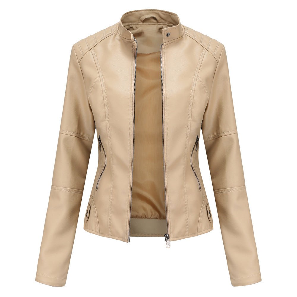 Veste en cuir femme – Coupe ajustée – Col droit – Manches longues – Poches zippées
