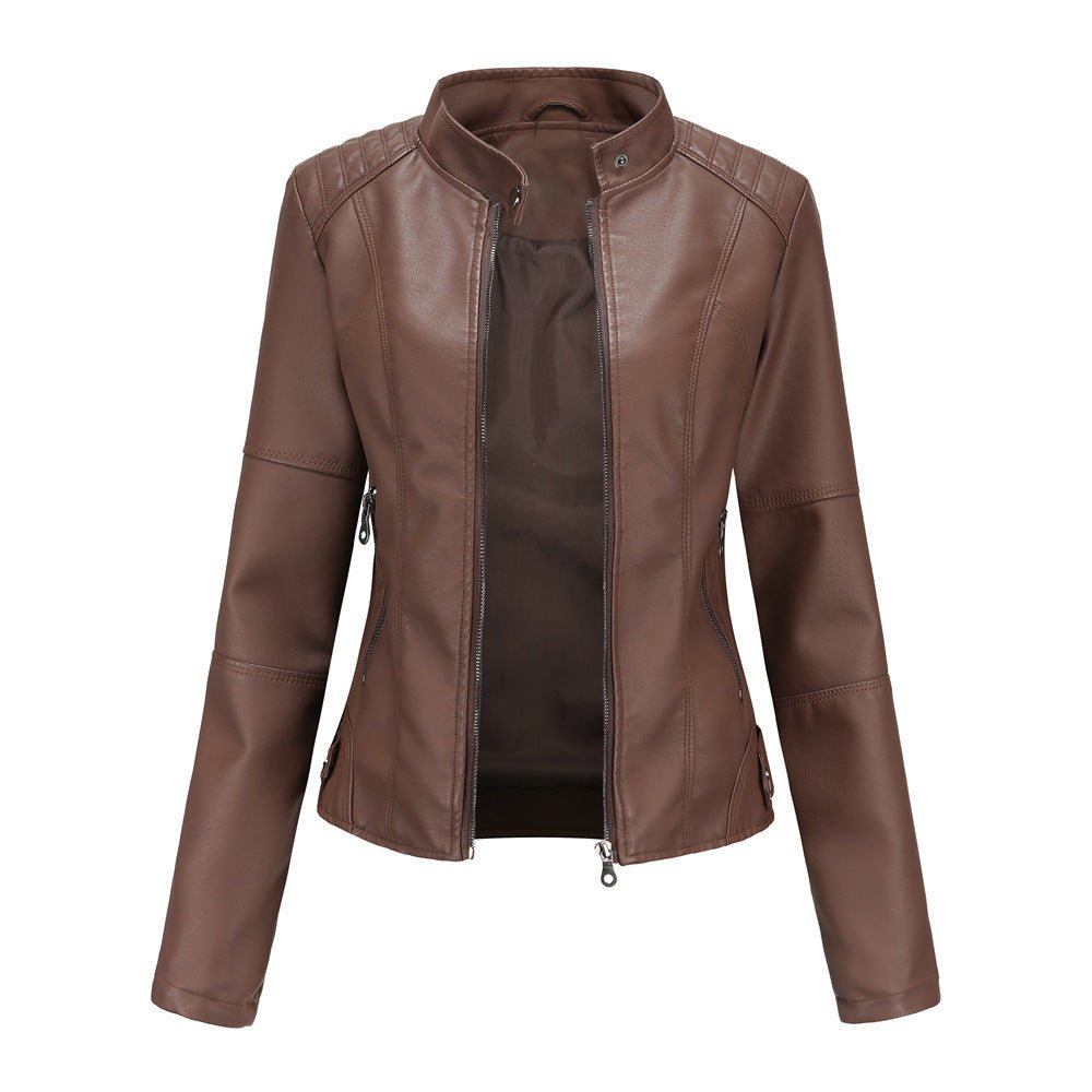 Veste en cuir femme – Coupe ajustée – Col droit – Manches longues – Poches zippées