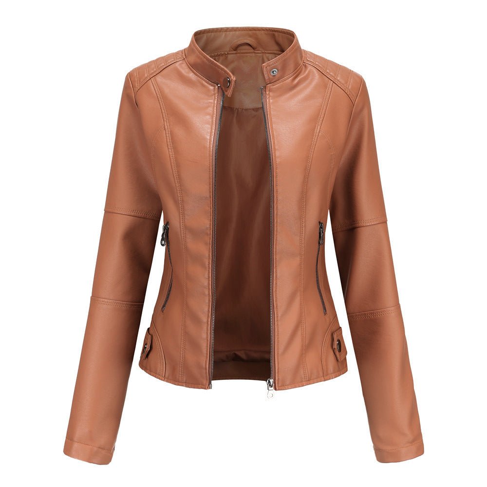 Veste en cuir femme – Coupe ajustée – Col droit – Manches longues – Poches zippées