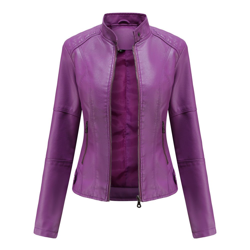Veste en cuir femme – Coupe ajustée – Col droit – Manches longues – Poches zippées