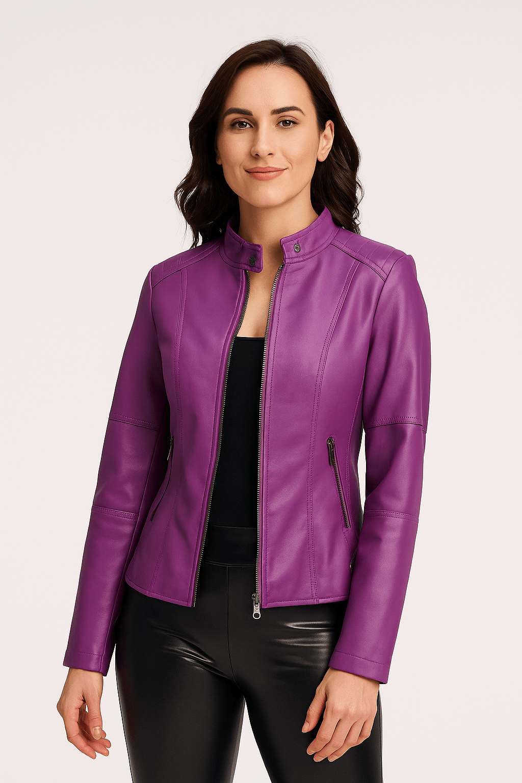 Veste en cuir femme – Coupe ajustée – Col droit – Manches longues – Poches zippées