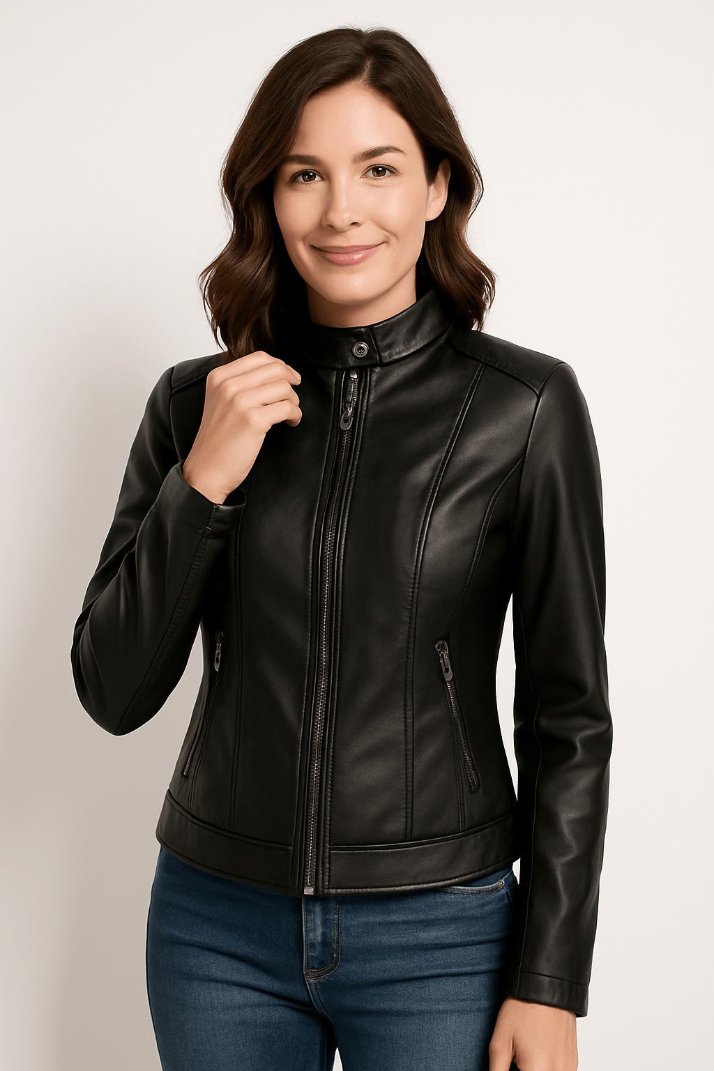 Veste en cuir femme – Coupe ajustée – Col droit – Manches longues – Poches zippées