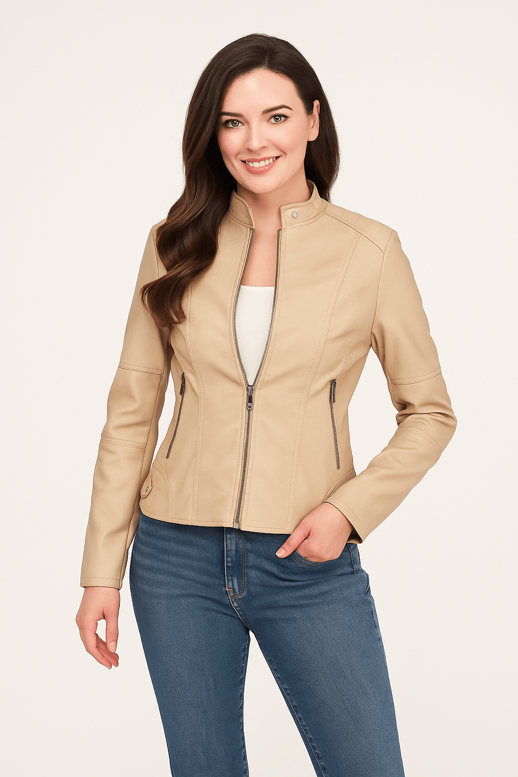 Veste en cuir femme – Coupe ajustée – Col droit – Manches longues – Poches zippées