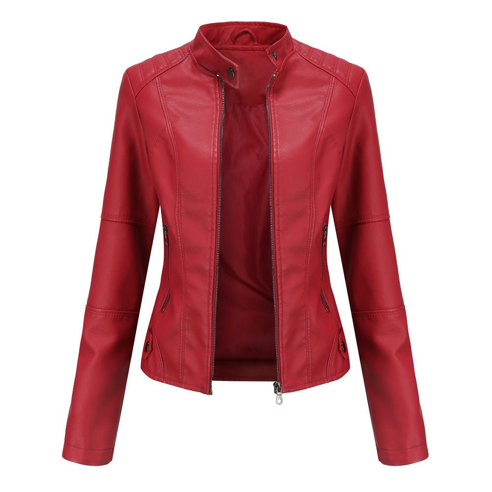 Veste en cuir femme – Coupe ajustée – Col droit – Manches longues – Poches zippées
