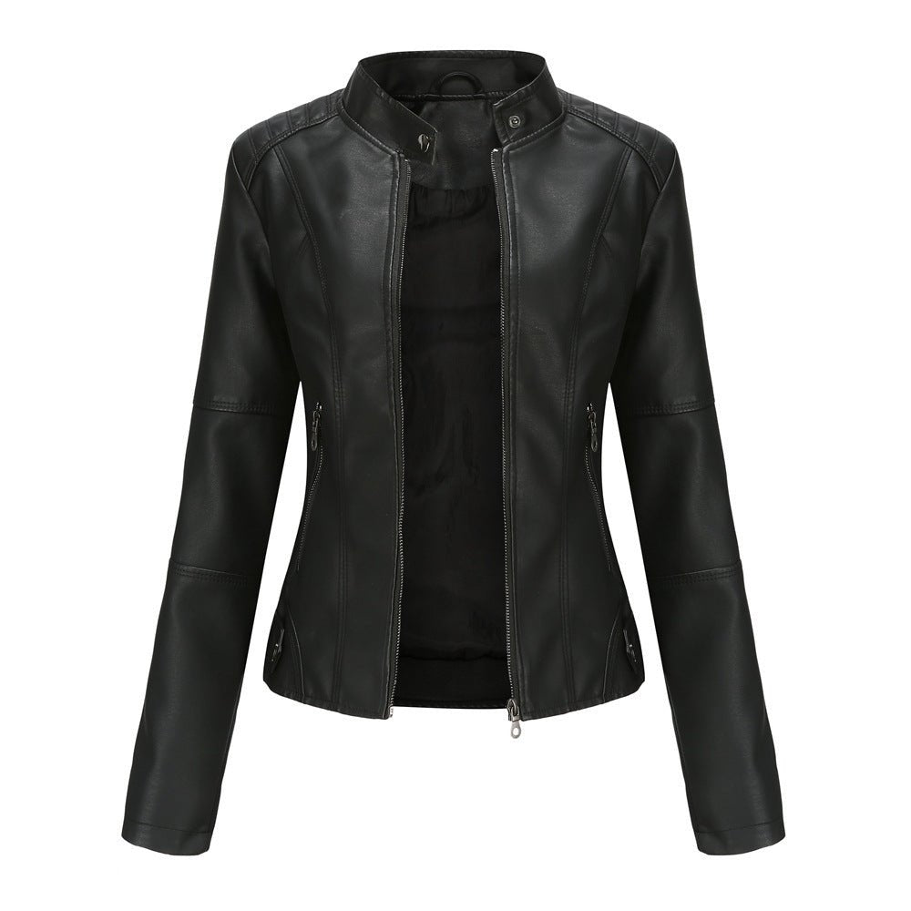 Veste en cuir femme – Coupe ajustée – Col droit – Manches longues – Poches zippées