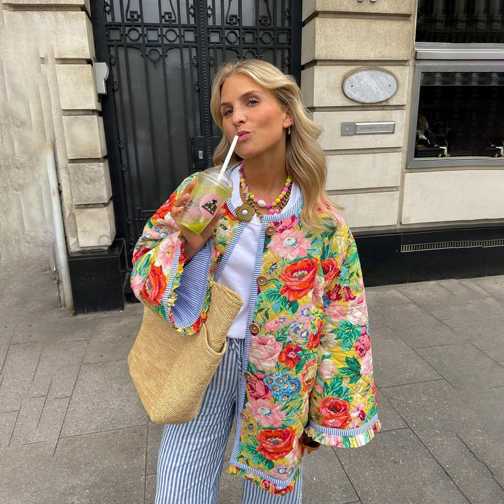 Veste matelassée femme – Coupe oversize – Motif floral – Fermeture à boutons