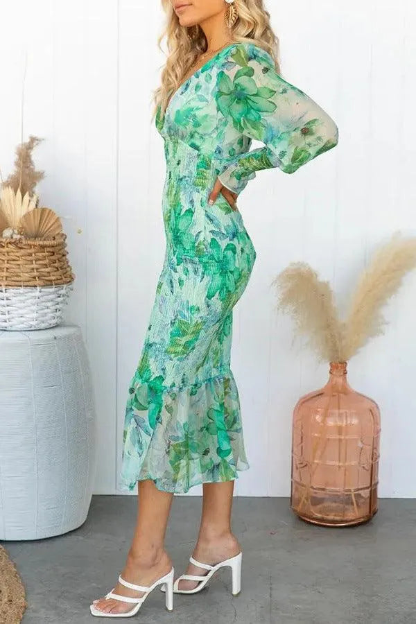Robe Midi Femme - Imprimé Fleuri - Décolleté V Plongeant - Manches Longues Bouffantes