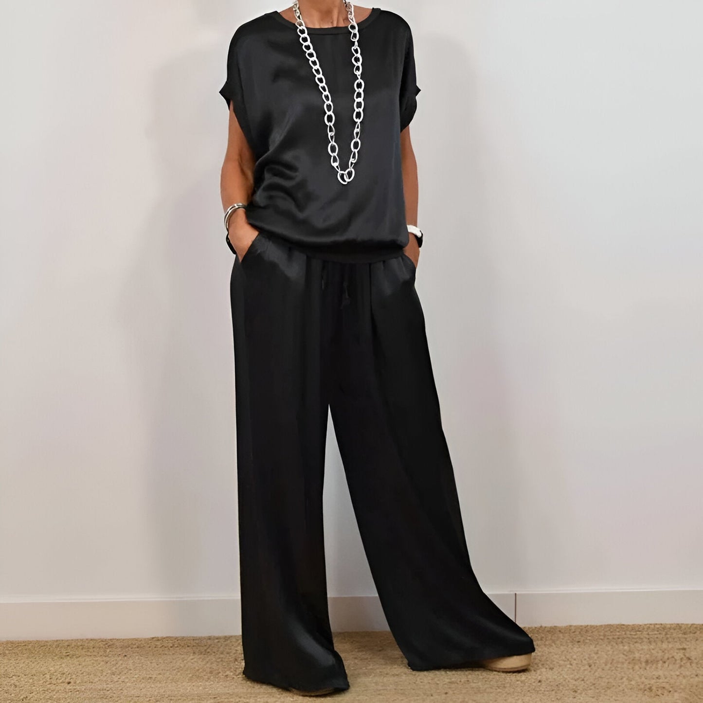 Ensemble Deux Pièces Femme – Coupe Ample – Tissu Doux – Pantalon Large à Cordon – Poches
