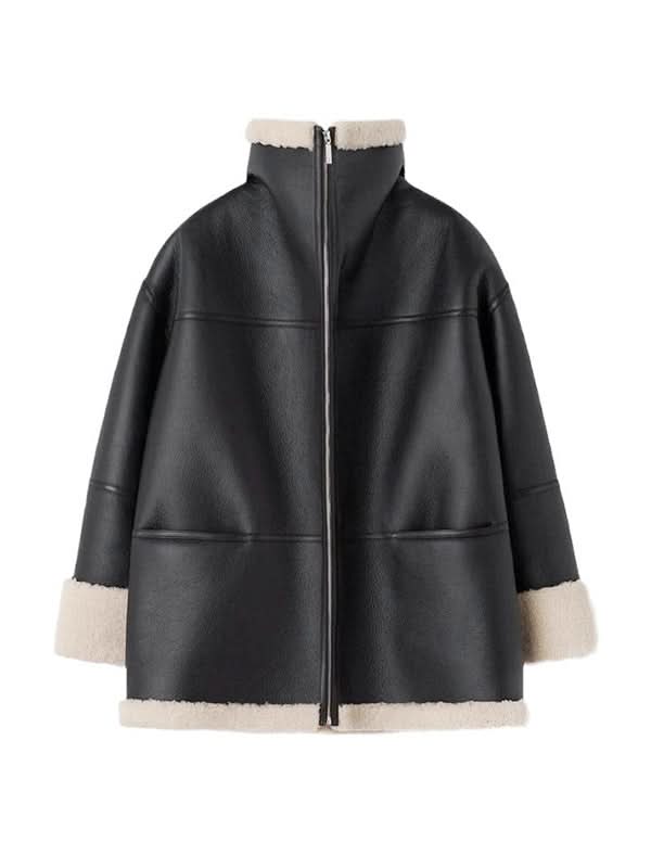 Veste en simili cuir doublée de peluche chaude et élégante pour femme