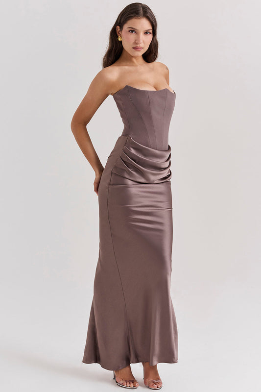 Robe Longue Femme – Satin Luxe – Bustier Structuré – Coupe Ajustée Élégante
