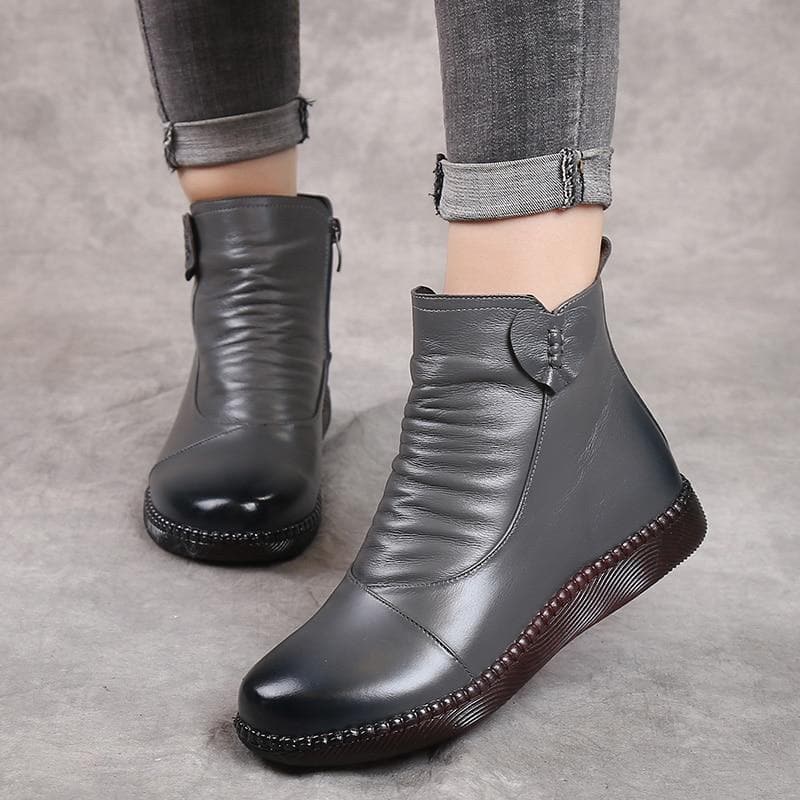 Bottes en cuir pour femme - Détail froncé - Fermeture zippée - Talon bas confortable