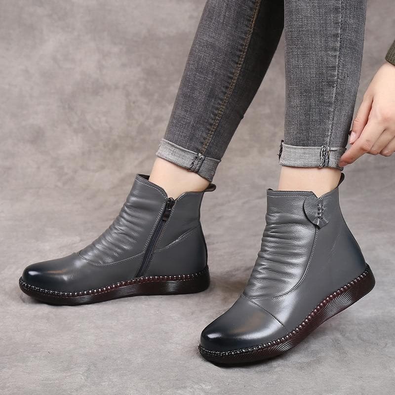 Bottes en cuir pour femme - Détail froncé - Fermeture zippée - Talon bas confortable