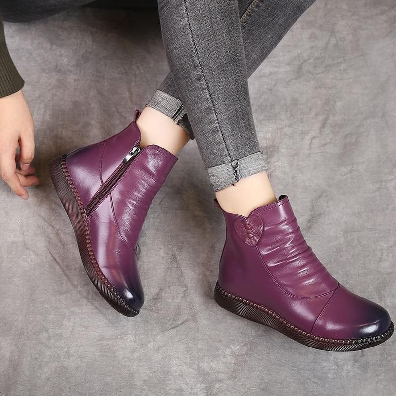 Bottes en cuir pour femme - Détail froncé - Fermeture zippée - Talon bas confortable