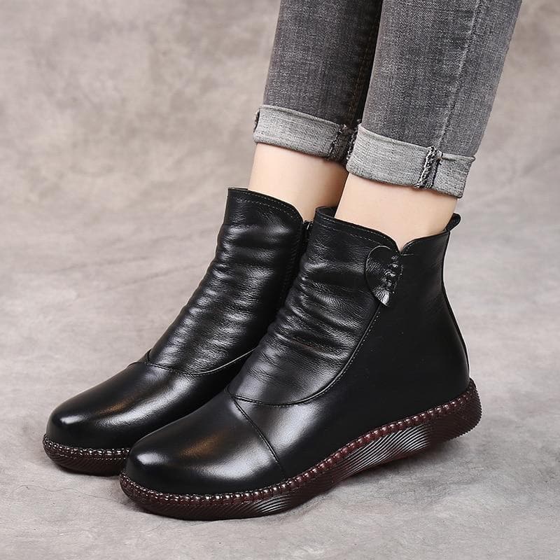Bottes en cuir pour femme - Détail froncé - Fermeture zippée - Talon bas confortable