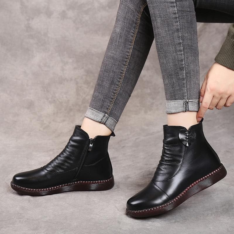 Bottes en cuir pour femme - Détail froncé - Fermeture zippée - Talon bas confortable
