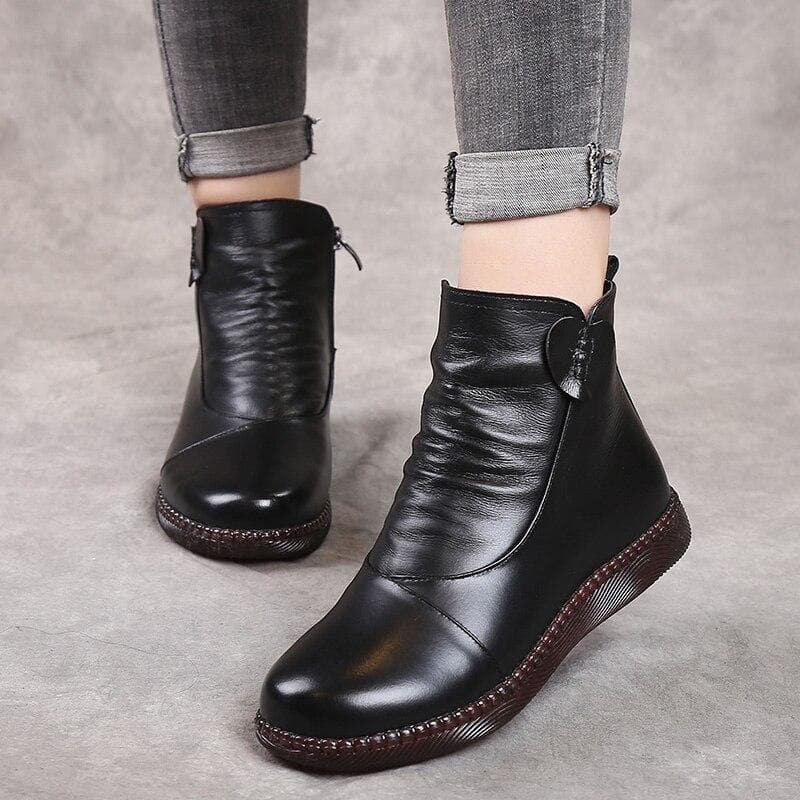 Bottes en cuir pour femme - Détail froncé - Fermeture zippée - Talon bas confortable