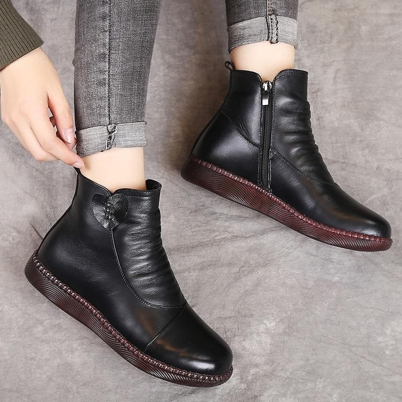 Bottes en cuir pour femme - Détail froncé - Fermeture zippée - Talon bas confortable