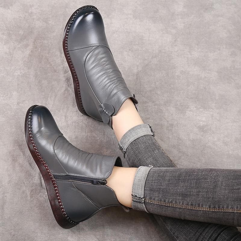 Bottes en cuir pour femme - Détail froncé - Fermeture zippée - Talon bas confortable