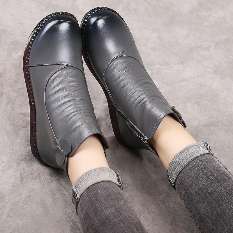 Bottes en cuir pour femme - Détail froncé - Fermeture zippée - Talon bas confortable